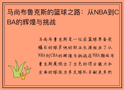 马尚布鲁克斯的篮球之路：从NBA到CBA的辉煌与挑战